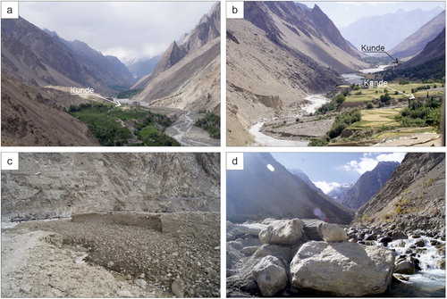 Figure 7. (a) View looking north from Marzigon showing the alluvial fan in Kunde (located by the white arrow), where the river is eventually dammed. (b) View looking south of the alluvial fan in the outlet of Kande tributary (located by the white arrow), taken from New Kande village; in the background Kunde (indicated by the black arrow) can be distinguished. (c) Debris deposits coming from diamictites in the upper part of Kunde tributary valley. (d) Rock avalanche type non-cohesive deposits in the Kande tributary.