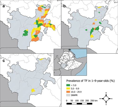 Figure 1. Prevalence of TF among children aged 1 − 9 years in trachoma impact surveys in SNNP and Sidama regions (SNNPR), Ethiopia, during the (A) first, (B) second and (C) third impact survey during this series. The boundaries and names shown, and the designations used on this map do not imply the expression of any opinion whatsoever on the part of the authors, or the institutions with which they are affiliated, concerning the legal status of any country, territory, city or area or of its authorities, or concerning the delimitation of its frontiers or boundaries.