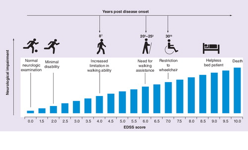 Figure 1. Disability progression in people with multiple sclerosis as defined by the Expanded Disability Status Scale.A 2.0 score indicates minimal clinical disability and fully ambulatory. A 7.0 score indicates the need for a wheelchair for mobility.†After median times of 8, 20 and 30 years following disease onset, most patients with multiple sclerosis will reach EDSS scores of ≥4.0, ≥6.0 and >7.0, respectively Citation[3,4,7].‡Almost 50% of patients with multiple sclerosis will reach an EDSS of 6.0 within 25 years of disease evolution and approximately 50% will reach an EDSS score of 7.0 within 30 years Citation[8].EDSS: Expanded Disability Status Scale.