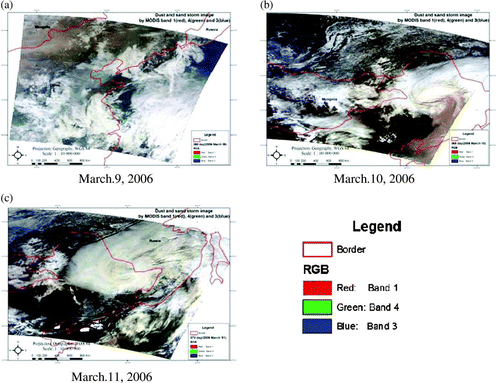 Figure 2.  Dust and sand storm true colour composite images using MODIS data.