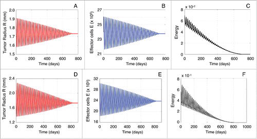 Figure 8. Performance of the proposed therapy term. Evolution of the tumor radius (A) and concentration of effector cells (B) by considering the external immuno-modulatory function (24) with parameters α=−0.6 and γ=100 (C) Energy of the system of equations (Equation25(25) dRdt=13(λΜΒ−λΑ)R+λΜ(1−Β)LD(1tanh(R/LD)−LDR)  −cER f(R,B),(25) )–(Equation26(26) dEdt=rR3K+R3E−d1ER3 f(R,B)−d0E+σ+ε αtanh(γv),(26) ) with α=−0.6 and γ=100. Evolution of the tumor radius (D) and concentration of effector cells (E) by initializing the system away from the spiral point L and considering the external immuno-modulatory function with α=−25 and γ=100. (F) Energy of the system of equations (Equation25(25) dRdt=13(λΜΒ−λΑ)R+λΜ(1−Β)LD(1tanh(R/LD)−LDR)  −cER f(R,B),(25) )–(Equation26(26) dEdt=rR3K+R3E−d1ER3 f(R,B)−d0E+σ+ε αtanh(γv),(26) ), with α=−25 and γ=100, initialized away from the spiral point L.