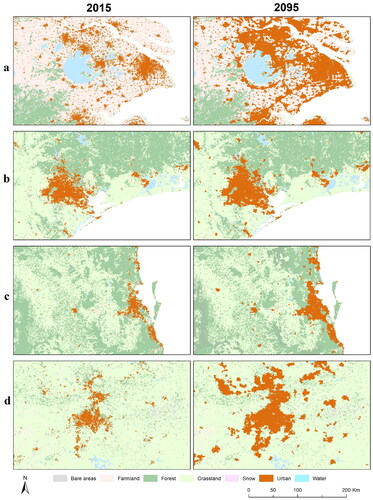 Figure 6. Comparison between 2015 urban land extent and obtained simulation results for 2095 for (a) Cluster 1, Shanghai, China, (b), Cluster 2, Houston, USA, (c) Cluster 3, Brisbane Australia, and (d) Cluster 4 Johannesburg, South Africa.