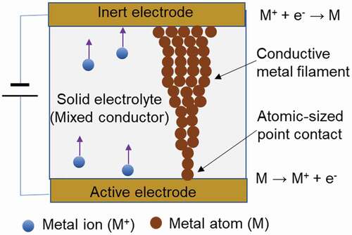 Figure 2. Solid state ionic device consisting of a solid electrolyte conducting metal ions or a mixed conductor conducting metal ions and electrons sandwiched between inert and activated electrodes. A conductive metal filament is formed and annihilated between the electrodes by a redox reaction induced by an applied voltage.
