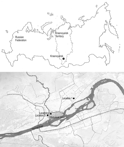 Figure 1. Above: the location of Krasnoyarsk. Below: the location of the three case studies in the city. (Maps: Daria Belova).