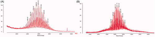 Figure 1. Characterization of targeting liposomes. (A) MALDI-TOF-MS spectrum of DSPE-PEG2000-NHS. (B) MALDI-TOF-MS spectrum of DSPE-PEG2000-R8.