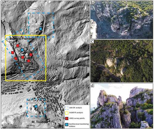 Figure 3. Monitoring station and survey locations. a) Sector of different methods used. b) Monte Tisiddu large toppling (Torre dei Venti). c) Middle slope sector of Pranedda DGSD with sackung feature. d) Top slope of Bruncu Pranedda DGSD with lateral spread features.