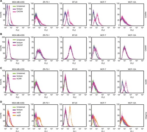 Figure 1 Flow cytometry analysis of CXCR4, CXCR7, hCAR, and integrin αvβ3 and αvβ5 cell surface expression.