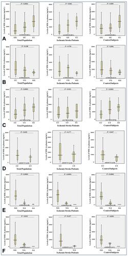 Figure 2 Levels (ng/mL) of MBL in plasma and the genotypes of rs11003125 H/L (A), rs7096206 X/Y (B), rs12780112 P/Q (C), rs5030737 A/D (D), rs1800450 A/B (E) and rs1800451 A/C (F) SNPs in the MBL2 gene in the entire study population (n = 272), ischemic stroke patients (n = 122) and control subjects (n = 150).