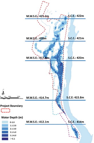 Figure 1. Setting a mean water surface elevation (M.W.S.E.) and safe construction elevation (S.C.E.) for city development based on historical and nature topography in the design area (13.48 km2) of Dongpo Wetland in Meishan City, Sichuan Province, China.