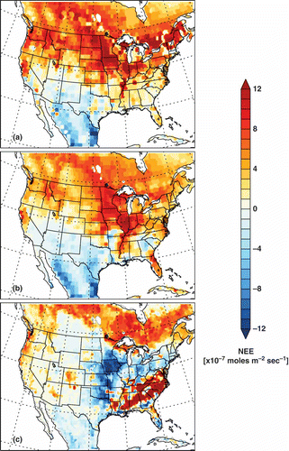 Figure 1. Monthly mean NEE for October 2007 from (a) CT2011, (b) CASA (CT2011 prior), and (c) Community Land Model (CLM4VIC-BG1) in the model domain.