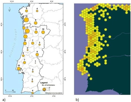 Figure 1. Work areas of technicians who responded to the survey ‘Impact of Vespa velutina on fruit and viticulture’, in the western coast of the Iberian Peninsula, mainland Portugal and Galicia region (Spain) (a) and distribution of Vespa velutina nigrithorax in 2023 (GBIF, Citation2023) (b).