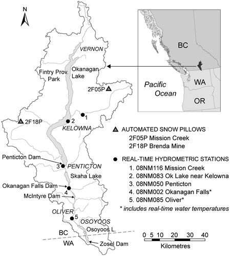 Figure 1. Location of the Okanagan Valley straddling the Canada–US border between British Columbia and Washington State (inset); locations of the Okanagan watershed boundary, valley-bottom lakes and key environmental monitoring sites are also identified (main figure). Kelowna, with 106,000 people, is the largest urban centre with extensive riparian infrastructure, followed by Penticton (31,909), Okanagan Falls (6005), Osoyoos (4845) and Oliver (4370).