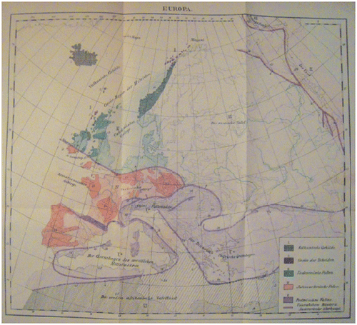 Figure 8. Suess’ tectonic map of Europe showing the three major orogenic systems that he recognized in 1886. This map was published in Suess (Citation1893).