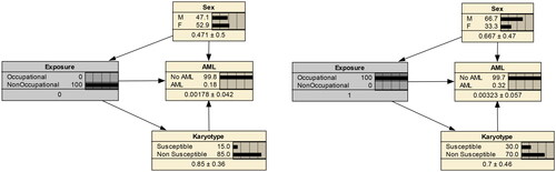 Figure 4. Conditional probabilities of AML with (right) and without (left) occupational exposure.