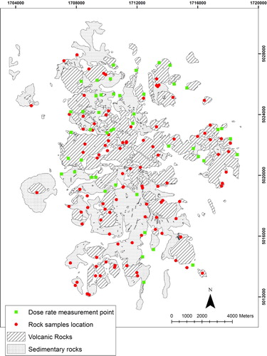 Figure 1. Map displaying the 151 rock samples locations and the 46 dose rate measurement points superimposed over the simplified geological sketch. Coordinate system: International_1924_Transverse_Mercator.