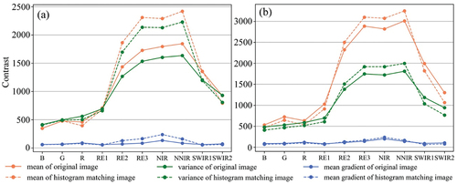 Figure 10. Contrast profiles of original images and improved HM images. (a) the original image was obtained on September 4, 2020, and its improved HM-based image. (b) the original image was obtained on July 31, 2021, and its improved HM-based image. The images correspond to those in Figure 6(a-d).