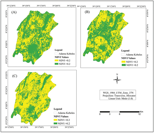 Figure 7. Normalized difference vegetation index for the year 2000(A), 2013(B) and 2023(C).