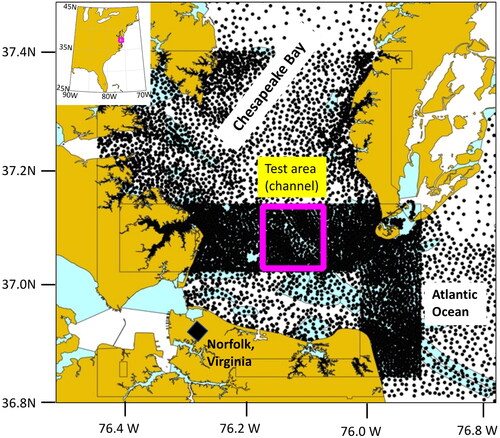 Figure 3. Case study data and area used as displayed in QGIS software. Black dots show soundings from the SOUNDG field in the ENC files, dark yellow signifies land, and light blue signifies potentially shallow water. Source: Author.