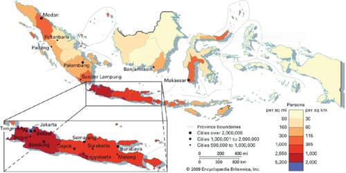 Figure 3 The description of population density in Indonesia.Notes: Reproduced from Wolters OW, Leinbach TR, Legge JD, McDivitt JF, Adam AW, Mohamad GS. Indonesia: population density. In: Encyclopædia Britannica. Chicago, IL: Encyclopædia Britannica, Inc.; 2020. By courtesy of Encyclopædia Britannica, Inc., copyright 2009; used with permission.Citation27