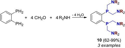 Scheme 8. Reaction of 1,2-bis(phosphino)benzene with CH2O and secondary amines. Products, yields, 31P NMR shifts, and related references, are listed in Table S2.