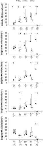 Figure 1. Mean and standard deviation of scapular misorientation for abduction, scaption, flexion, box lifting, and USPT (up to bottom) during the five intermediate poses (P1–P5). *, † and § for strong effects between ELL and DC1, ELL and DC2, DC1 and DC2 respectively.