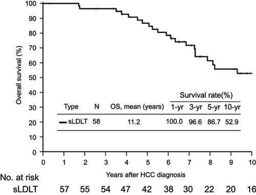 Figure 2 The cumulative overall survival was calculated from the time of initial hepatocellular carcinoma diagnosis in patients who underwent salvage living donor liver transplantation.