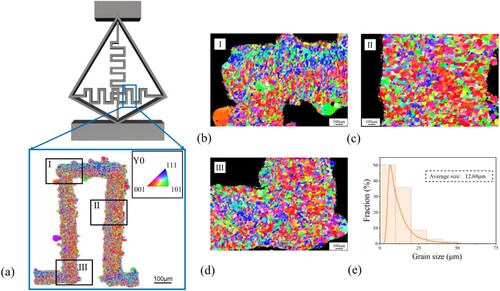 Figure 8. Three representative areas from the fold area are selected for EBSD analysis: (a) EBSD map of the LPBF-fabricated QZS structure at the fold mark; (b-d) enlarged view of three selected part regions; (e) Grain size distribution and average values of the QZS part.