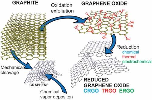 Figure 2. A schematic illustration of possible ways for preparation of graphene and rGO [Citation9].