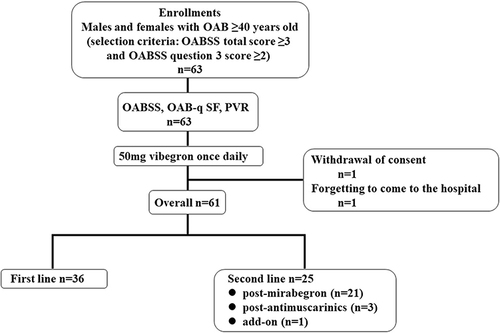 Figure 1 Study flow-chart. OAB patients ≥40 years old with an OABSS total score of 3 or more and an OABSS Question 3 score of 2 or more were enrolled. A total of 63 patients were included in the safety analysis and of these, 61 patients (males, n=19; females, n=42) were included in the 12-week surveillance efficacy analysis (first line, n=36; post-antimuscarinics, n=3; post-mirabegron, n=21; add-on, n=1). One patient chose to discontinue the study and one patient forgot to go to the hospital at the 12th week.