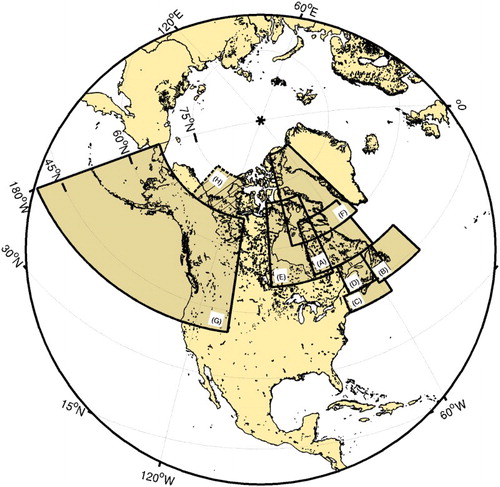 Fig. 1 Global map of the areas studied: (A) Hudson Strait and the Labrador Shelf (52°–65°N, 79°–54°W), (B) Newfoundland Shelf (44°–52°N, 60°–44°W), (C) the Scotian Shelf and the Gulf of Maine (41°–45°N, 72°–58°W), (D) the Gulf of St. Lawrence (45°–52°N, 70°–55°W), (E) Hudson Bay and Foxe Basin (51°–71°N, 96°–72°W), (F) Baffin Bay (60°–82°N, 85°–50°W), (G) the Northeast Pacific Ocean (40°–67°N, 180°–110°W). (H)The Beaufort Sea (67°–76°N, 145°–115°W) is not within the scope of the present study because the region is under investigation in a separate study.