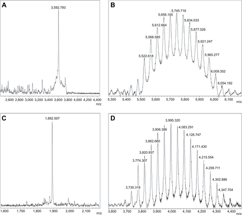 Figure S1 MALDI-TOF mass spectra of (A) POD, (C) HIV-Tat peptides, and (B and D) the conjugation with maleimide-PEG-amine.Abbreviations: HIV-Tat, human immunodeficiency virus transactivator; MALDI-TOF, matrix-assisted laser desorption/ionization-time of flight; PEG, polyethyleneglycol; POD, peptide for ocular delivery.