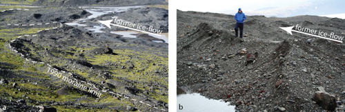 Figure 3. (a) Recent moraines at Virkisjökull-Falljökull, dashed line indicates the 1990 moraine limit, the partially flooded area of buried-ice moraine can be seen in the upper right of the image; (b) Recent moraines at Svínafellsjökull, displaying ‘push moraine’ style cross-sectional form, and ‘sawtooth’ planforms.