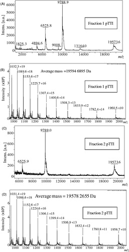 Figure 2. MALDI-TOF and ESI mass spectra of fractions 1 and 2. Mass spectra in MALDI-TOF, linear acquisition mode of (A) Fraction 1 and (B) Fraction 2. ESI MS mass spectrum of (C) Fraction 1 and (D) Fraction 2. pTTI: Purified tamarind trypsin Inhibitor from T. indica L.