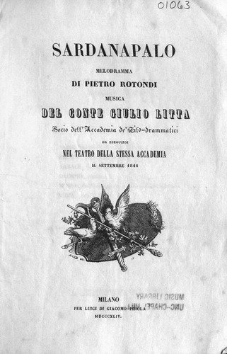Figure 4. The title page of Pietro Rotondi’s libretto, Sardanapalo (1844). From the Italian Opera Libretto Collection, Music Library, University of North Carolina at Chapel Hill. With permission.