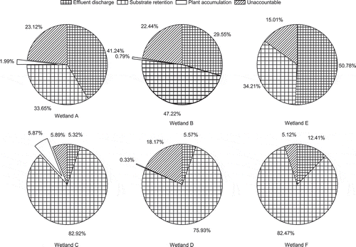 Figure 4. Mass balance of arsenic (As) evaluated as a percentage of the inflowing total As mass in the experimental wetland filters A, B, C, D, E and F.