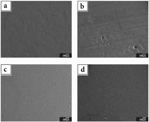 Figure 15. SEM micrographs of as-washed steel surface after 16-day immersion in 3.5% NaCl solution with PLS at (a) 0 vol.%, (b) 1 vol.%, (c) 2 vol.%, and (d) 3 vol.%. The scale in all images represents 100 μm.