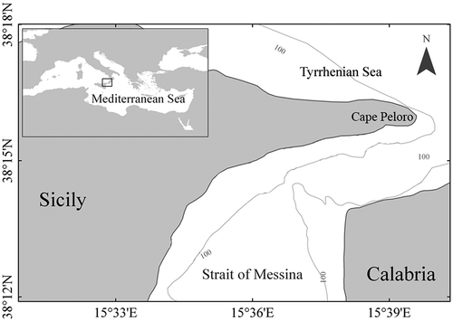 Figure 1. Study area off the Sicilian coast of the Strait of Messina.