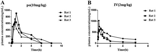 Figure 7. (A-B) The concentrations versus time curve of compound 12.