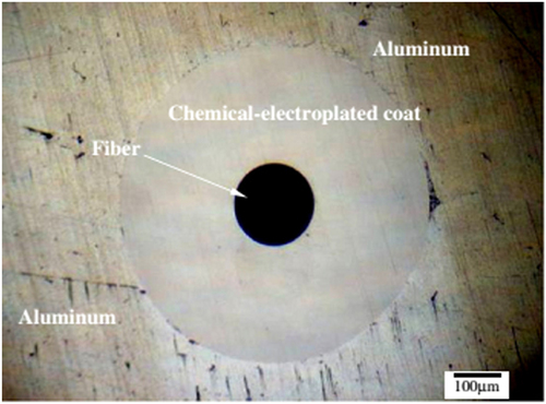 Figure 6. Cross section of an aluminum/chemical-electroplated fiber/aluminum sample. Reprinted from [Citation28], copyright 2012, with permission from Elsevier.