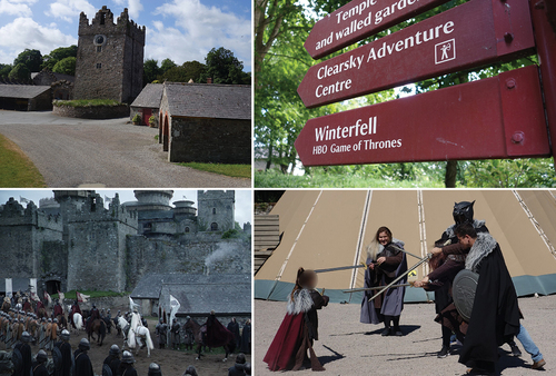 Figure 3. Becoming Winterfell. Old Castle Ward (top left) and Winterfell (bottom left, screenshot from GoT S01E01); signpost directing to ‘Winterfell’ (top right); family engaging in GoT activity (bottom right).