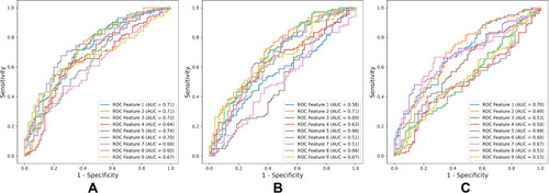 Figure 2 The ROC curves and AUC values of the most predictive features between SBOTs and SMOTs with LASSO regression in AP (A), VP (B), and EP (C). The numbers in each figure mean the radiomics parameters in.Table 2