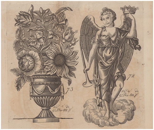 Fig. 1 ‘Angel and flowerpot’ lid motif design from a trade catalogue of c. 1783. Yale Center for British Art, Paul Mellon Collection.