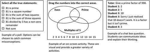 Figure 1. Examples of the three types of online activity: polling, on-screen and text-chat activities.