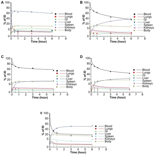 Figure 2 Simulation of experimental data using the membrane-limited model. (A) poly(lactic-co-glycolic) acid, (B), poly(lactic-co-glycolic) acid-monomethoxypoly (ethyleneglycol)256, (C) poly(lactic-co-glycolic) acid-monomethoxypoly (ethyleneglycol)153, (D) poly(lactic-co-glycolic) acid-monomethoxypoly (ethyleneglycol)61, and (E) poly(lactic-co-glycolic) acid-monomethoxypoly (ethyleneglycol)34 nanoparticles.Note: Dots represent experimental data and lines represent simulated mass-time curves.Abbreviations: GI, gastrointestinal tract; ID, initial dose.