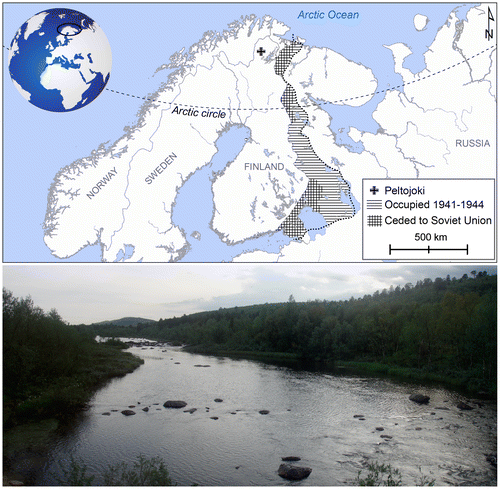 Figure 1. Top: Location of the studied Peltojoki Military base in Lapland, and the frontlines in 1941–1944; Bottom: Present-day view over the Peltojoki base situated on the right bank of the River Peltojoki (Illustration: Oula Seitsonen).