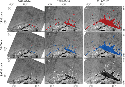 Figure 5. Results of LR-Extent (filled in red) and SR-Extent (filled in blue), compared with SAR-Extent (the white line) at three representative periods (14, 16, and 20 February 2018) before polynya reaches the maximum extent. And some leads which can be identified by SR-Extent but not by LR-Extent are marked by the red arrows.