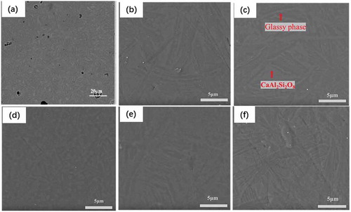 Figure 5. SEM images of the polished Ti-bearing blast furnace slag-based glass ceramics. (a)S0, (b)S1, (c)S2, (d)S3, (e)S4 and (e)S5