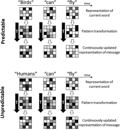 Figure 3. Possible pattern transformations involved in a simplified illustration of sentence comprehension. Sentences are presented word by word. The neural patterns representing the meaning of each incoming word are represented by a 4-by-4 matrix. The pattern transformation (matrix next to black arrows) transforms each word into an evolving representation of the sentence meaning. We here assume that a predictable sentence ending (top) results in a sparser final transformation as well as sentence representation compared to an unpredictable sentence ending (bottom).
