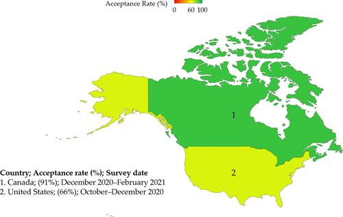 Figure 8 COVID-19 vaccine acceptance rates in North America. The map was generated in Microsoft Excel, powered by Bing, © GeoNames, Microsoft, Navinfo, TomTom, Wikipedia. We are neutral with regard to jurisdictional claims in this map.
