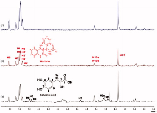 Figure 8. (a) 1H NMR reference spectrum of the complex salvianic acid (2 mM) – BSA (50 μΜ), including warfarin 2 mM, in PBS buffer 10 mM, pH = 7.4 with 600 μL D2O. STD difference NMR spectrum of the complex salvianic acid–BSA, including: (b) 2 mM warfarin, (c) 4 mM warfarin (details for the protons of salvianic acid in Supplementary Figure S6 and for warfarin in Supplementary Figure S13).